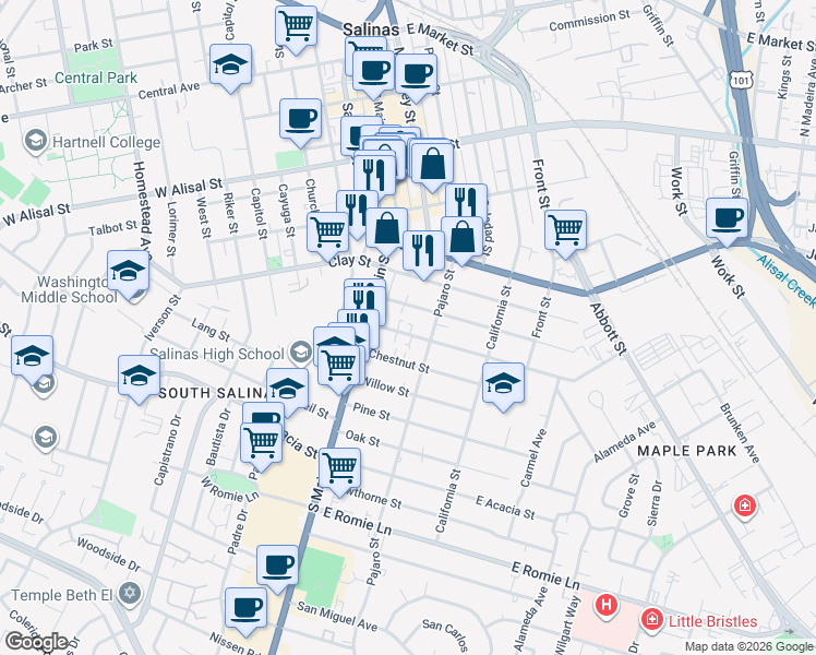 map of restaurants, bars, coffee shops, grocery stores, and more near 35 Maple Street in Salinas