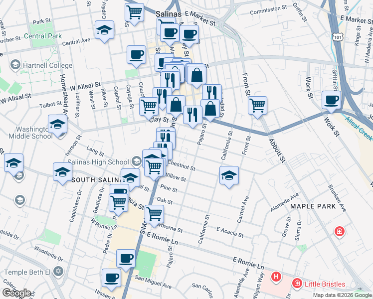 map of restaurants, bars, coffee shops, grocery stores, and more near 35 Maple Street in Salinas