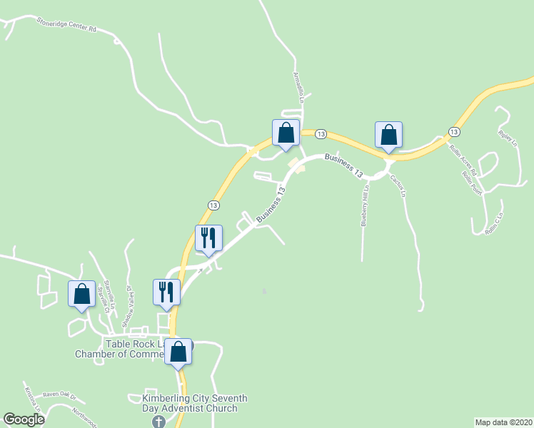 map of restaurants, bars, coffee shops, grocery stores, and more near 14921 Business 13 in Reeds Spring