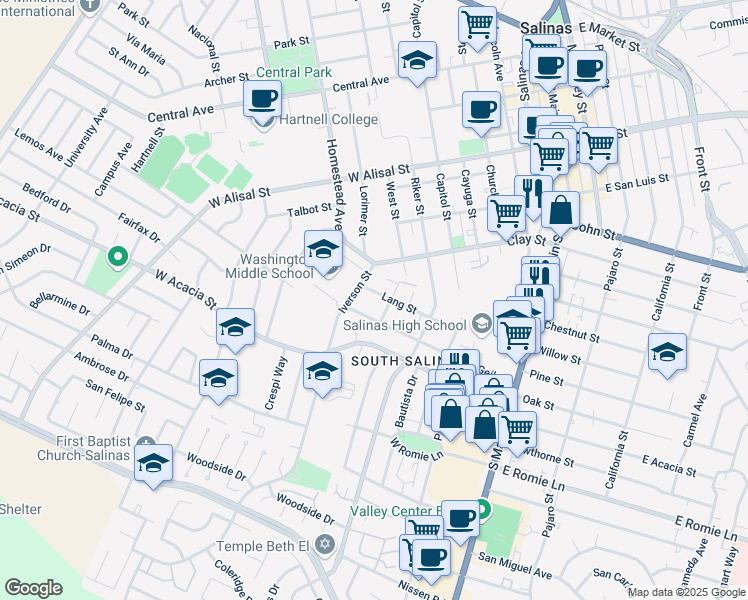 map of restaurants, bars, coffee shops, grocery stores, and more near 559 Iverson Street in Salinas