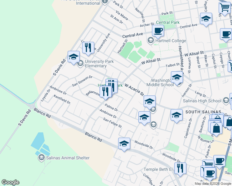 map of restaurants, bars, coffee shops, grocery stores, and more near 725 West Acacia Street in Salinas
