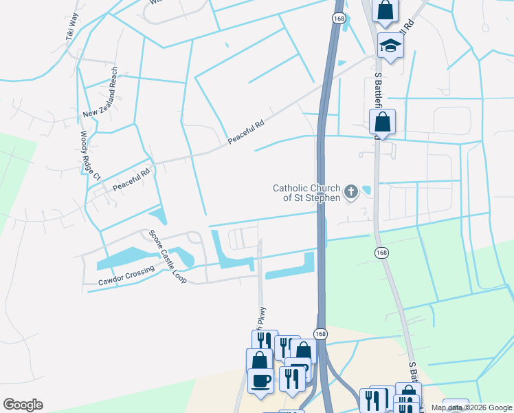 map of restaurants, bars, coffee shops, grocery stores, and more near 321 Peaceful Road in Chesapeake