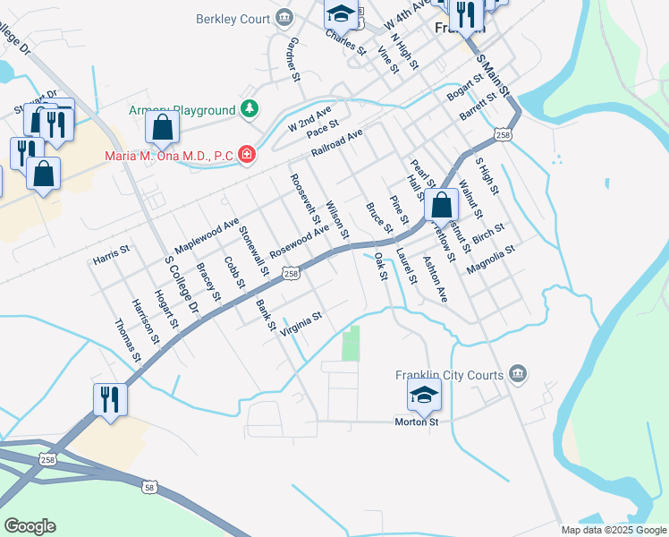 map of restaurants, bars, coffee shops, grocery stores, and more near 1212 South Street in Franklin