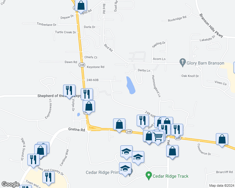 map of restaurants, bars, coffee shops, grocery stores, and more near 144 Earlbrook Road in Branson
