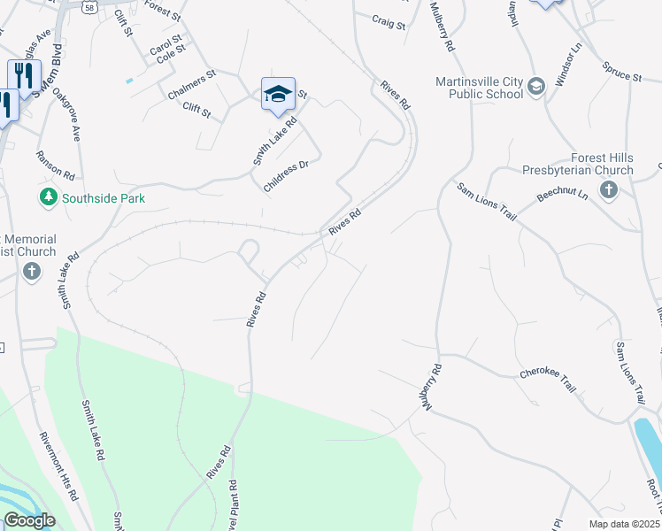 map of restaurants, bars, coffee shops, grocery stores, and more near 1105 Drewry Road in Martinsville