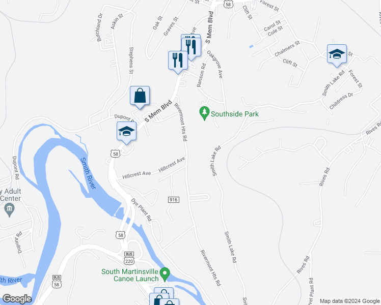 map of restaurants, bars, coffee shops, grocery stores, and more near 1349 Rivermont Heights in Martinsville