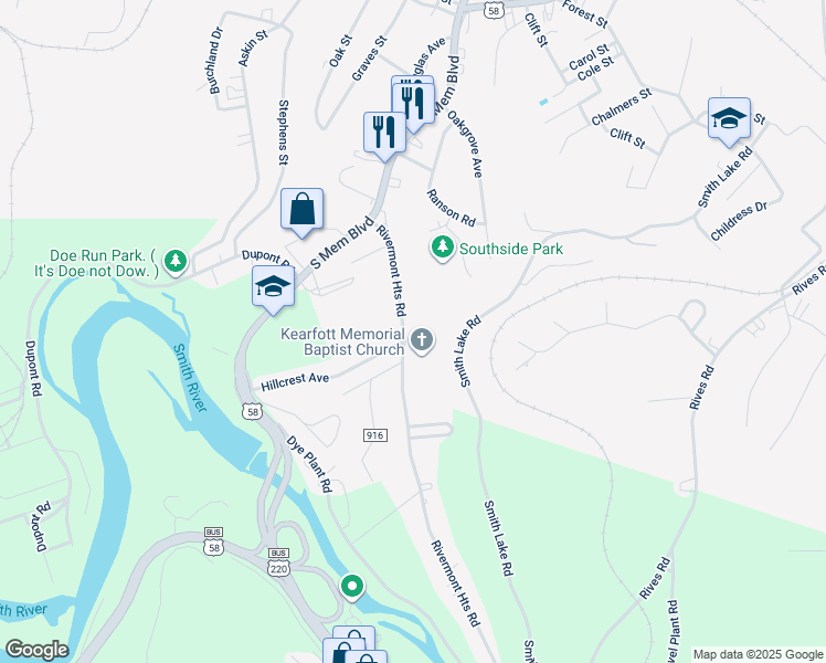 map of restaurants, bars, coffee shops, grocery stores, and more near 1349 Rivermont Heights in Martinsville