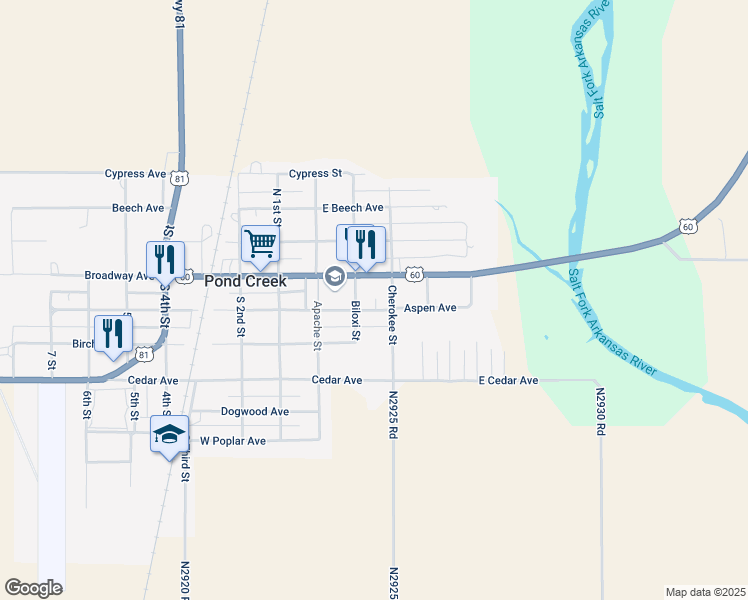 map of restaurants, bars, coffee shops, grocery stores, and more near 321 Broadway Avenue in Pond Creek