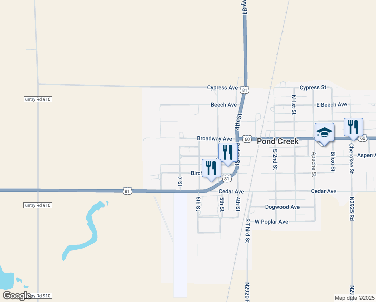 map of restaurants, bars, coffee shops, grocery stores, and more near 612 West Aspen Avenue in Pond Creek