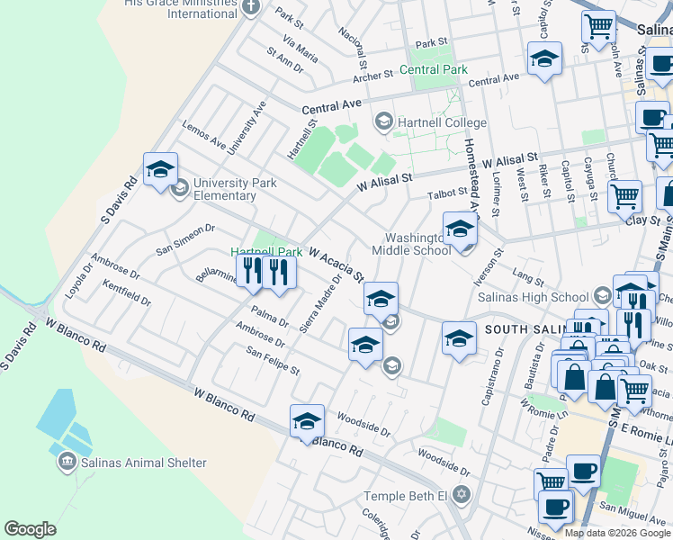 map of restaurants, bars, coffee shops, grocery stores, and more near 610 West Acacia Street in Salinas