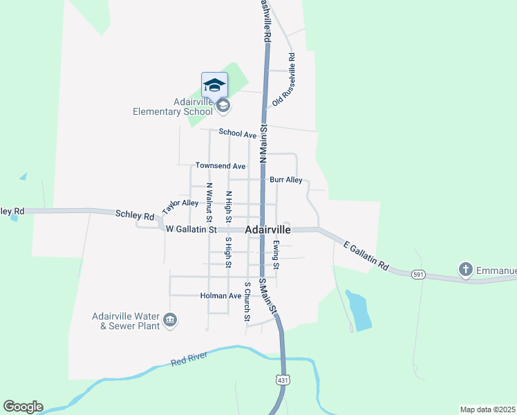 map of restaurants, bars, coffee shops, grocery stores, and more near 325-327 North Church Street in Adairville