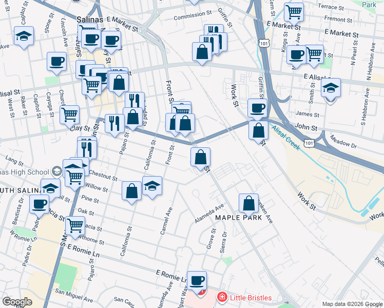 map of restaurants, bars, coffee shops, grocery stores, and more near 210 Abbott Street in Salinas