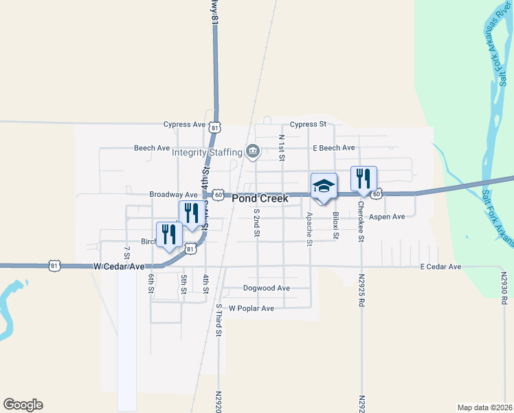 map of restaurants, bars, coffee shops, grocery stores, and more near South 2nd Street in Pond Creek