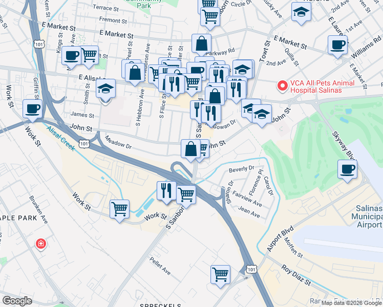 map of restaurants, bars, coffee shops, grocery stores, and more near 117 Magnolia Drive in Salinas