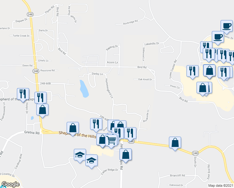map of restaurants, bars, coffee shops, grocery stores, and more near 608 Hummingbird Lane in Branson