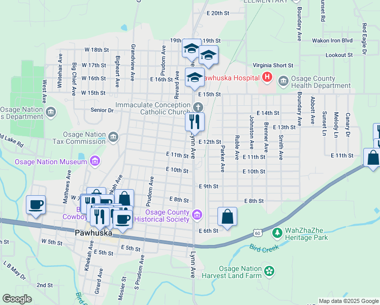 map of restaurants, bars, coffee shops, grocery stores, and more near 1101 Lynn Avenue in Pawhuska