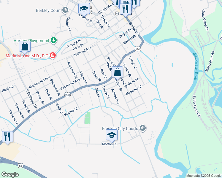 map of restaurants, bars, coffee shops, grocery stores, and more near 551 Ashton Avenue in Franklin