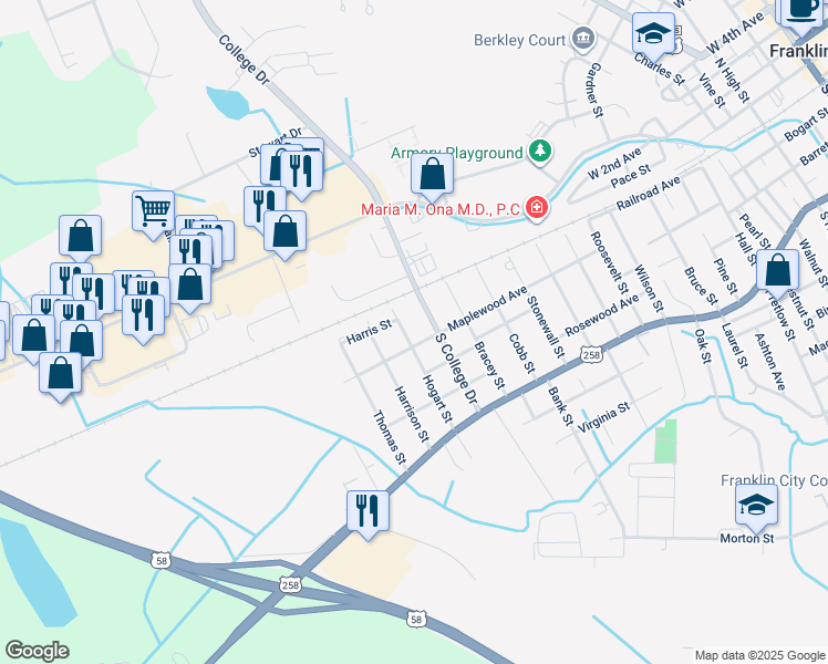 map of restaurants, bars, coffee shops, grocery stores, and more near 209 Hogart Street in Franklin