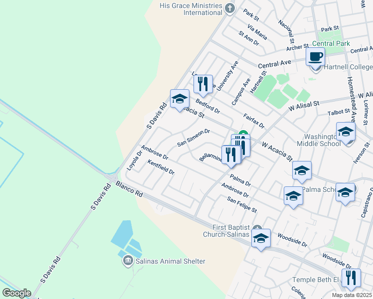 map of restaurants, bars, coffee shops, grocery stores, and more near 769 Palma Drive in Salinas