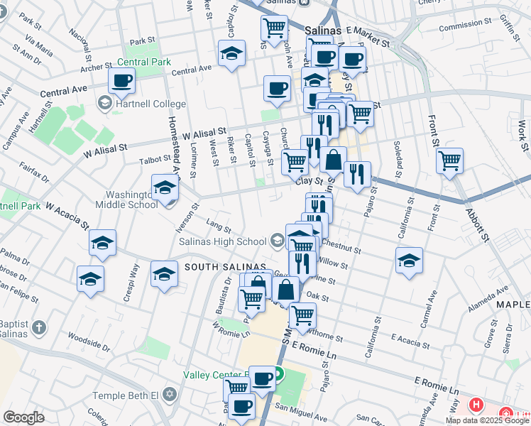 map of restaurants, bars, coffee shops, grocery stores, and more near 529 Capitol Street in Salinas