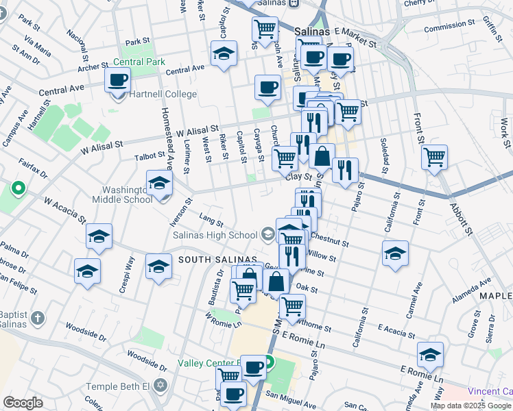map of restaurants, bars, coffee shops, grocery stores, and more near 529 Capitol Street in Salinas