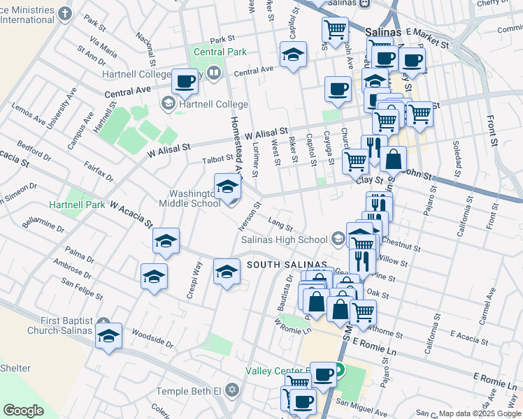 map of restaurants, bars, coffee shops, grocery stores, and more near 559 Iverson Street in Salinas