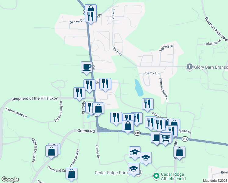 map of restaurants, bars, coffee shops, grocery stores, and more near in Branson