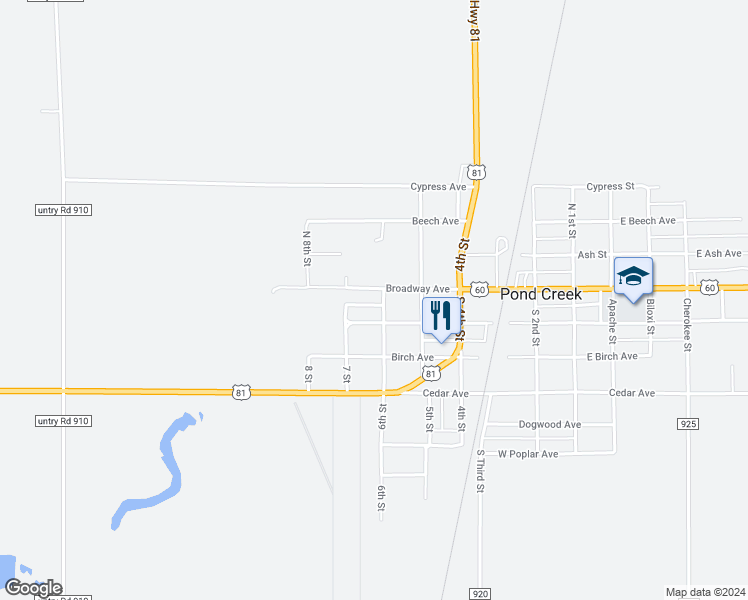 map of restaurants, bars, coffee shops, grocery stores, and more near 612 West Aspen Avenue in Pond Creek