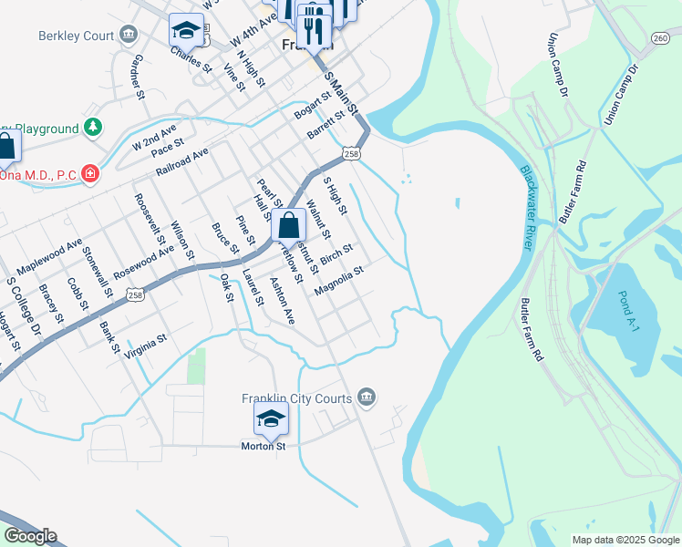 map of restaurants, bars, coffee shops, grocery stores, and more near 609 Walnut St in Franklin