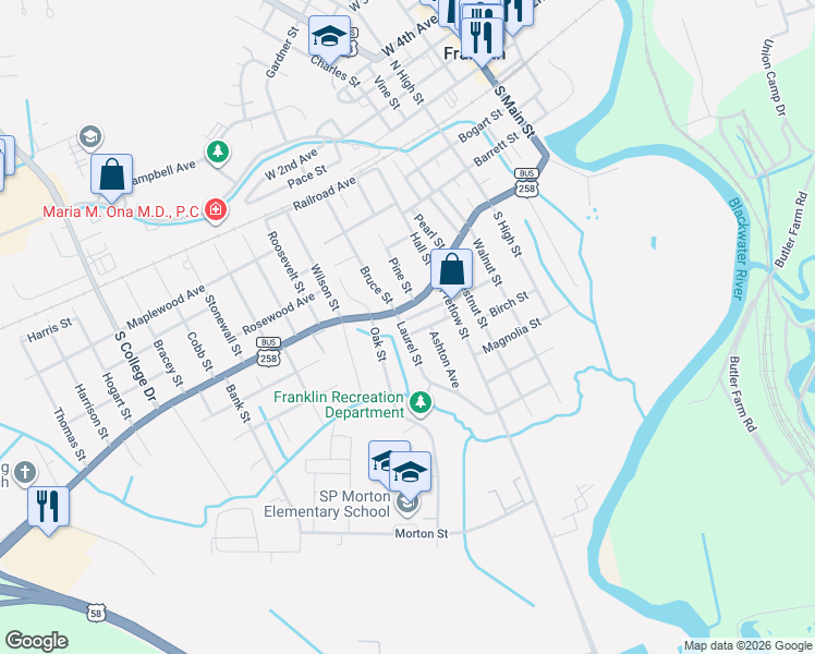 map of restaurants, bars, coffee shops, grocery stores, and more near 551 Ashton Avenue in Franklin