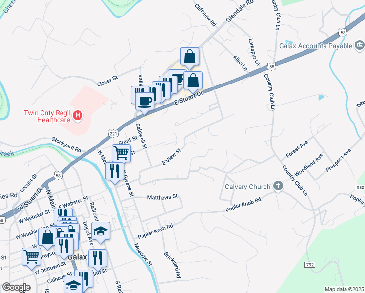 map of restaurants, bars, coffee shops, grocery stores, and more near 125 East View Street in Galax