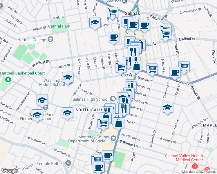 map of restaurants, bars, coffee shops, grocery stores, and more near 529 Capitol Street in Salinas