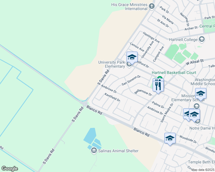 map of restaurants, bars, coffee shops, grocery stores, and more near 1072 University Avenue in Salinas