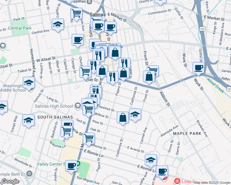 map of restaurants, bars, coffee shops, grocery stores, and more near 532 Pajaro Street in Salinas