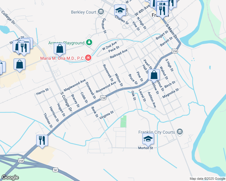 map of restaurants, bars, coffee shops, grocery stores, and more near 1212 South Street in Franklin