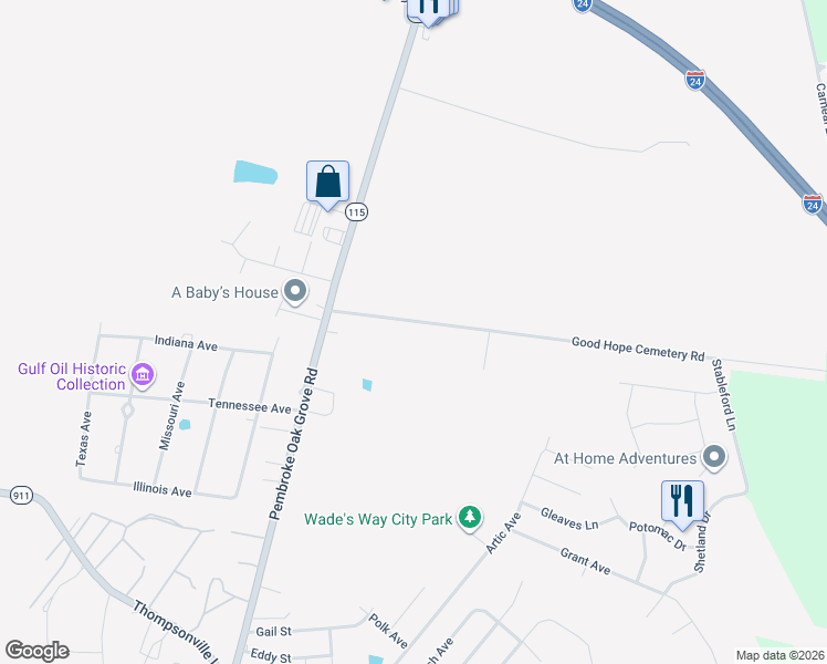 map of restaurants, bars, coffee shops, grocery stores, and more near 205 Good Hope Cemetery Road in Oak Grove