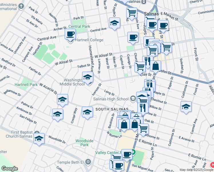 map of restaurants, bars, coffee shops, grocery stores, and more near 508 West Street in Salinas