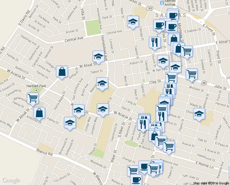 map of restaurants, bars, coffee shops, grocery stores, and more near 559 Iverson Street in Salinas