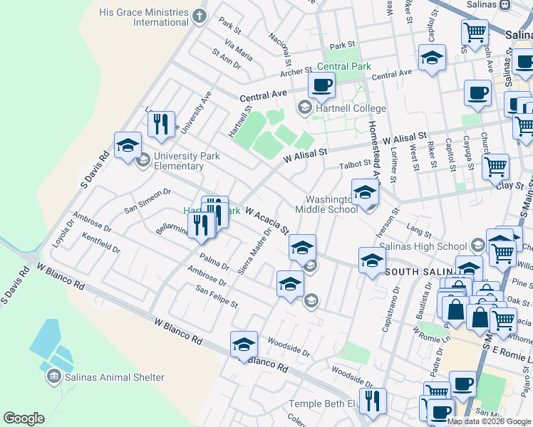 map of restaurants, bars, coffee shops, grocery stores, and more near 610 West Acacia Street in Salinas