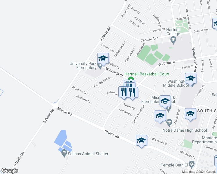 map of restaurants, bars, coffee shops, grocery stores, and more near 879 Carmelita Drive in Salinas