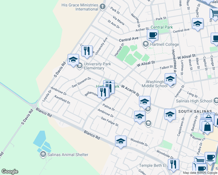 map of restaurants, bars, coffee shops, grocery stores, and more near 725 West Acacia Street in Salinas