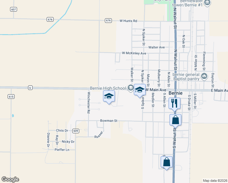 map of restaurants, bars, coffee shops, grocery stores, and more near 722 West Main Avenue in Bernie