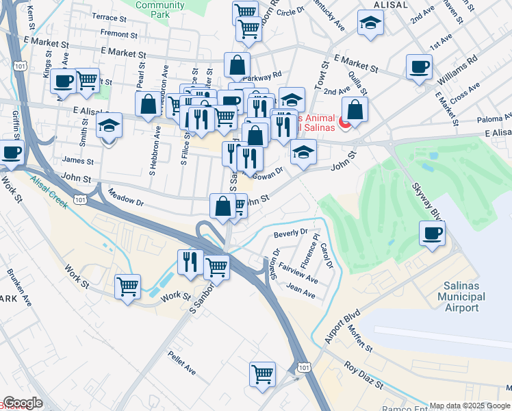 map of restaurants, bars, coffee shops, grocery stores, and more near 1044 John Street in Salinas