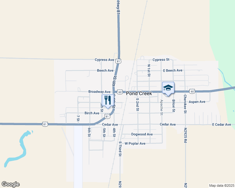 map of restaurants, bars, coffee shops, grocery stores, and more near 321 Broadway Avenue in Pond Creek