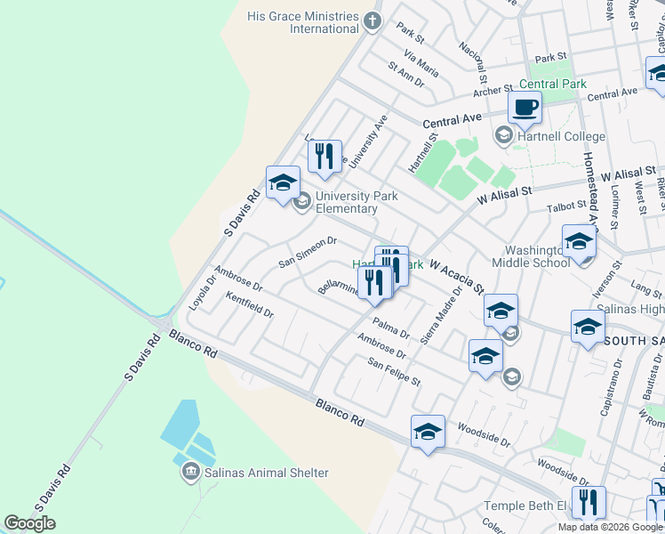 map of restaurants, bars, coffee shops, grocery stores, and more near 873 Carmelita Drive in Salinas