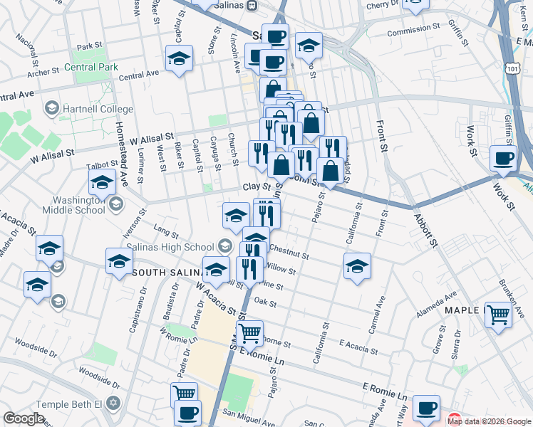 map of restaurants, bars, coffee shops, grocery stores, and more near 598 South Main Street in Salinas