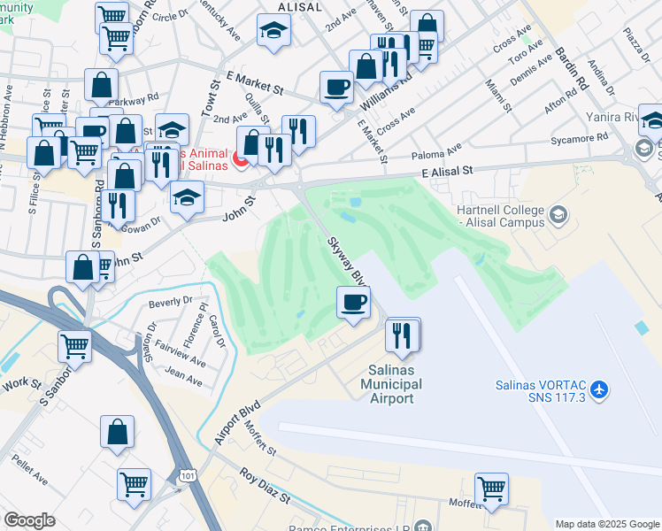 map of restaurants, bars, coffee shops, grocery stores, and more near 45 Skyway Boulevard in Salinas