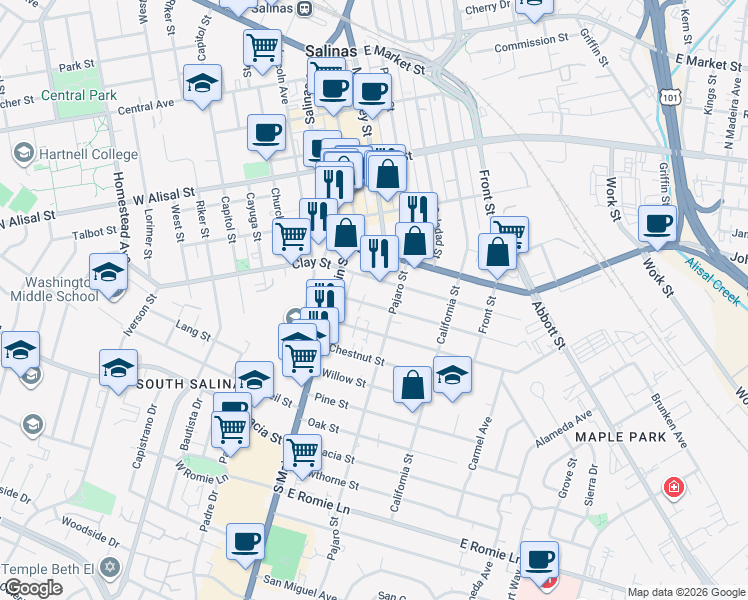 map of restaurants, bars, coffee shops, grocery stores, and more near 532 Pajaro Street in Salinas