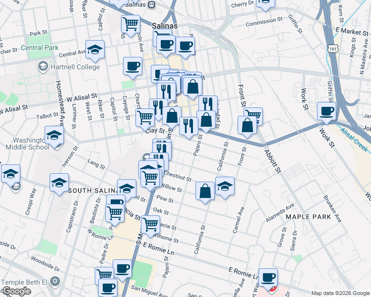 map of restaurants, bars, coffee shops, grocery stores, and more near 532 Pajaro Street in Salinas