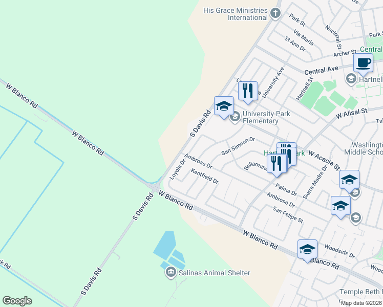 map of restaurants, bars, coffee shops, grocery stores, and more near 1072 University Avenue in Salinas